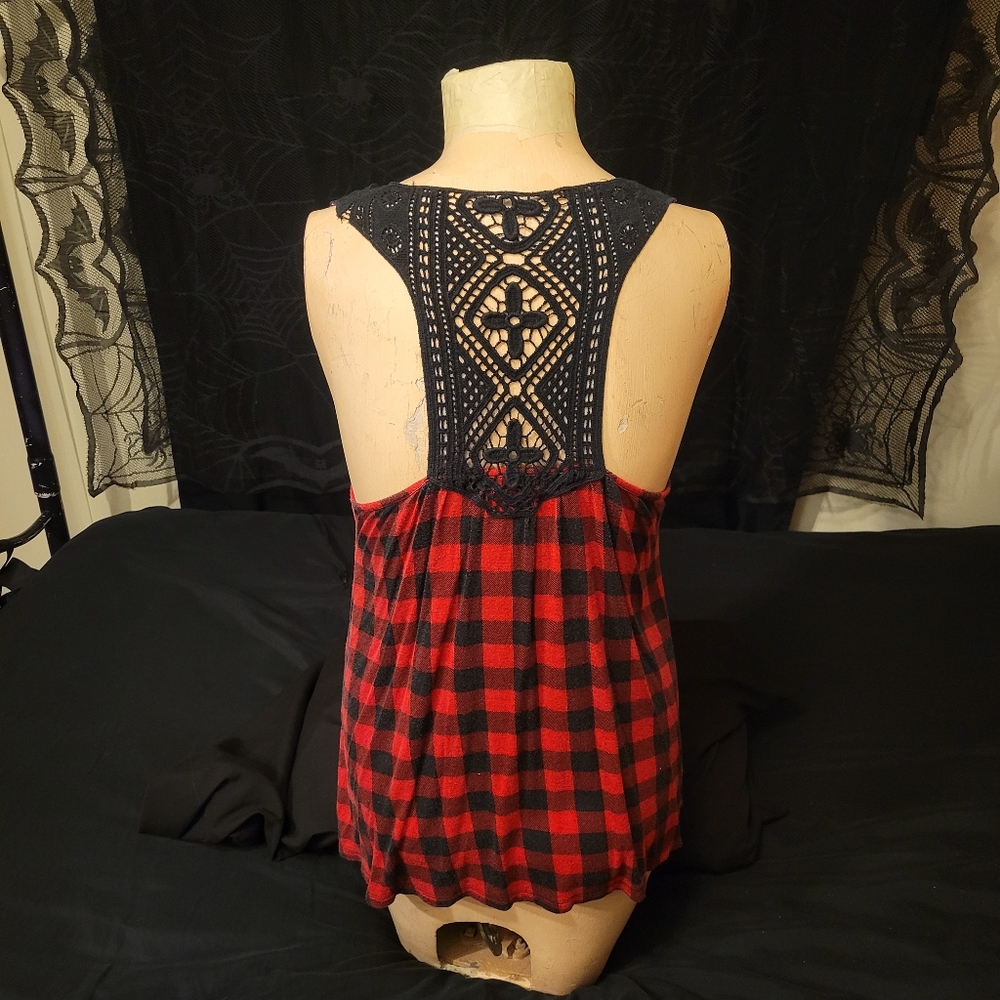 Y2K So Sik red blk Buffalo plaid crochet flowy racer back tank top w pockets XL - Picture 4 of 17